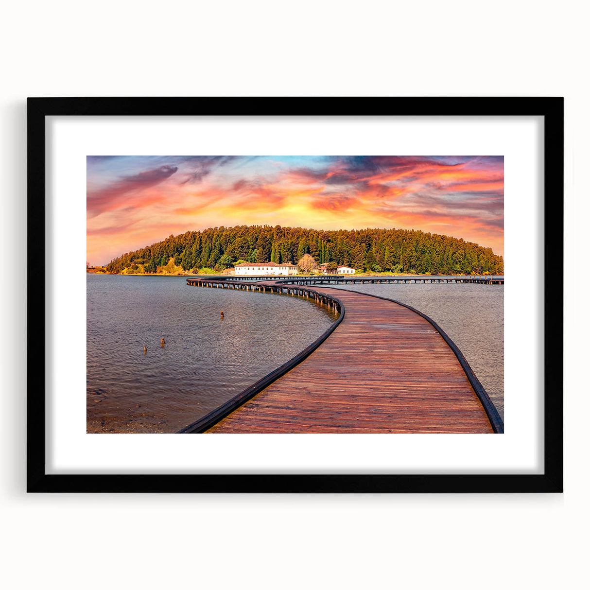 Extra large abstract art print of a colorful, textured European scenery on a black framed canvas.