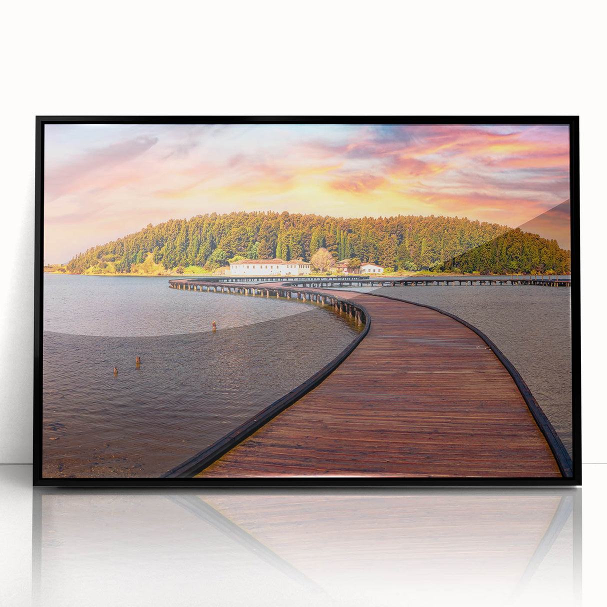 Large abstract wall art of a European scenery in Albania, depicted in muted colors on a framed acrylic.