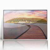 Large art print of a scenic European landscape in Albania, in muted earth tones, framed in white acrylic.