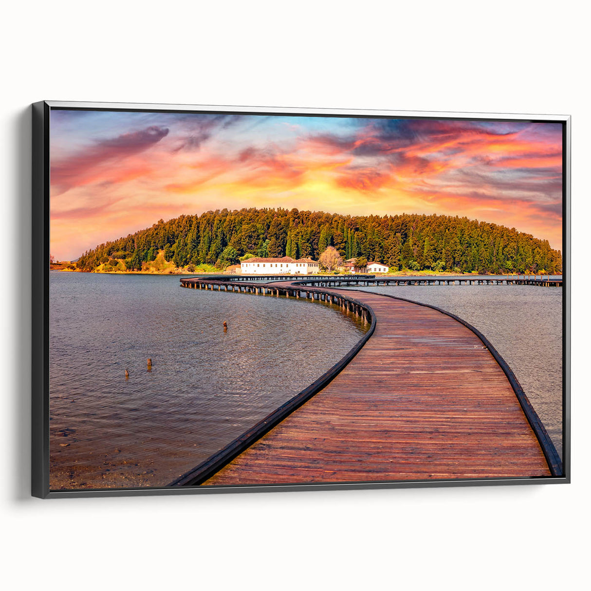 Black and white landscape art painting of Albanian scenery on framed canvas, suitable for bedroom wall decor.