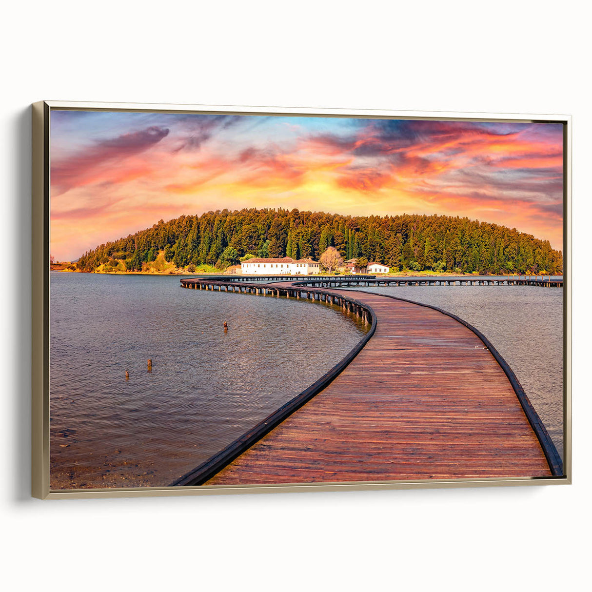 Framed canvas featuring a vintage-style landscape painting of an Albanian scenery in muted gold and black tones.