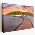 Large stretched canvas featuring a serene Albanian landscape in soft green and blue hues, ideal for kitchen wall art.