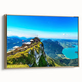 Framed canvas featuring a vintage-style landscape painting of an Austrian scenery in muted earth tones.