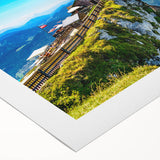 Art deco poster of a serene Austrian landscape in soft pastel shades on rolled canvas, suitable for dining room decor.