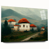 Large abstract wall art of a European scenery in muted earth tones on acrylic glass, ideal for bedroom or dining room decor.