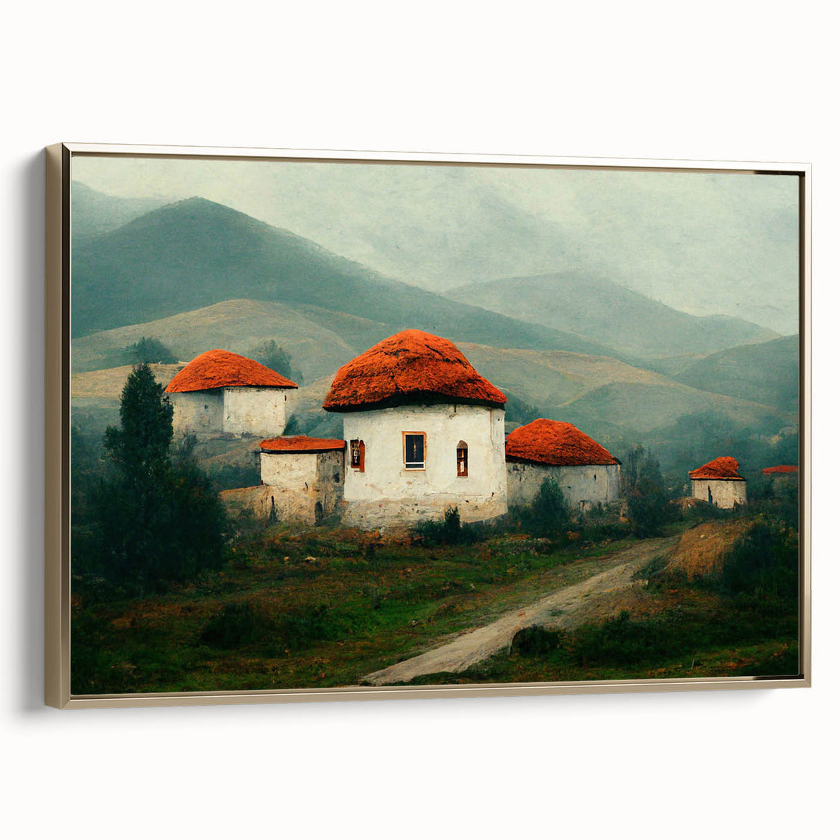 Framed canvas wall art featuring a vintage-style Bulgarian landscape in muted gold and black tones, ideal for bedroom decor.