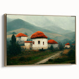 Framed canvas wall art featuring a vintage-style Bulgarian landscape in muted gold and black tones, ideal for bedroom decor.