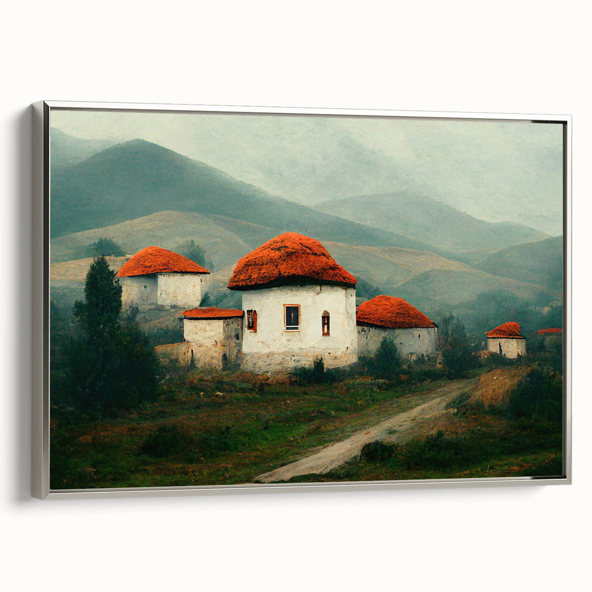 Landscape art painting featuring a scenic view of Bulgaria on a framed canvas, with a blend of colorful and black tones.