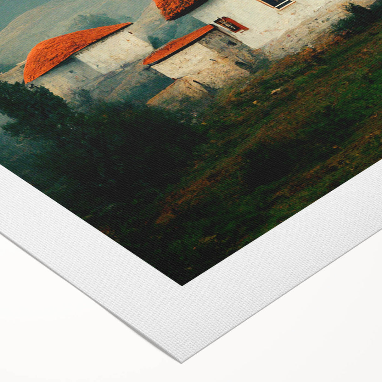 Art deco poster of a scenic European landscape in muted earth tones, printed on rolled canvas.