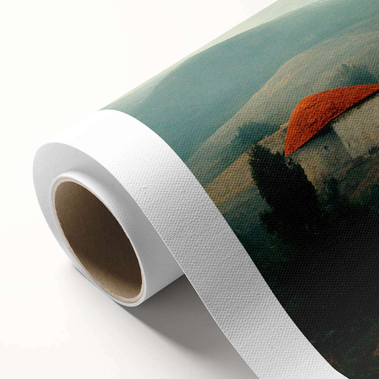 Art deco poster of a serene Bulgarian landscape on rolled canvas, featuring soft pastel colors, ideal for nursery wall art.