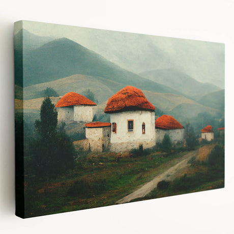 Large art print of a European Bulgarian landscape in muted earth tones on stretched canvas, ideal for kitchen wall art.