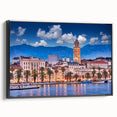 Black and white framed canvas depicting a vintage Croatian landscape, ideal for bedroom wall decor.