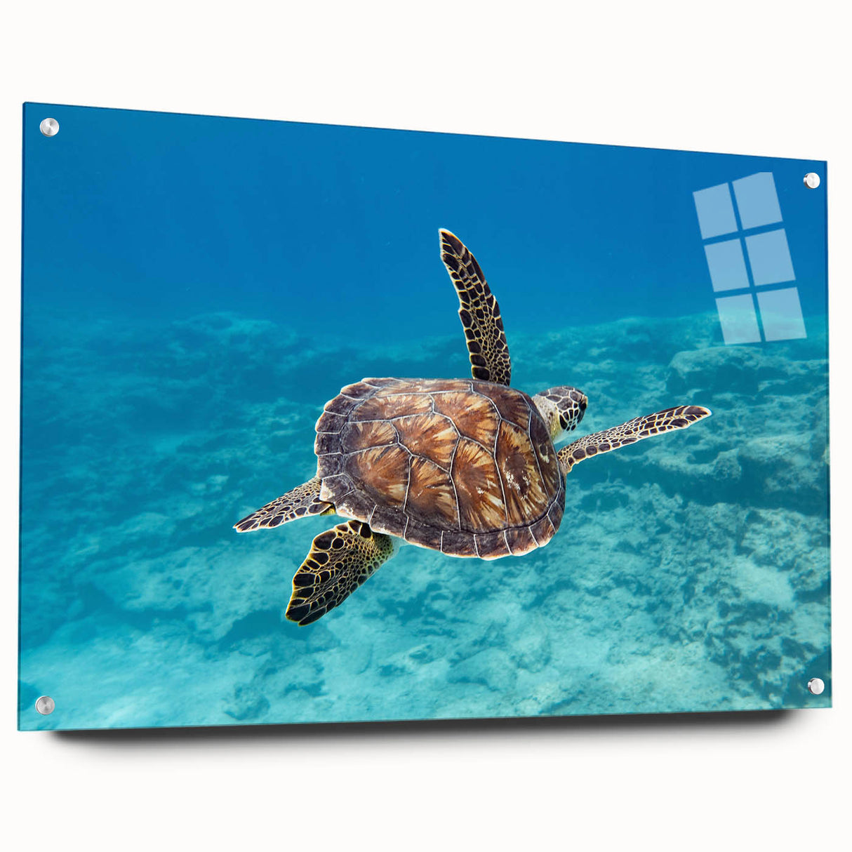 Acrylic print of a serene Cyprus landscape in soft blue and green hues, ideal for dining room decor.