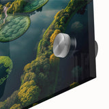 Large abstract wall art featuring a mid-century modernist design of a European scenery in muted earth tones on acrylic glass.