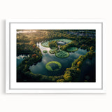 Textured abstract art print of a European scenery in muted earth tones on a framed white mat, ideal for bedroom wall decor.