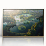 Art deco poster depicting a tranquil Danish landscape in muted gold and green tones, acrylic framed.