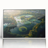 Mid-century modernist art of a European Denmark scenery in muted colors on a white framed acrylic.