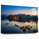 Large abstract wall art depicting the Cumbria, England scenery in mid-century modernist style, printed on acrylic glass.