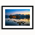 Abstract art print of a colorful, textured European scenery in Cumbria, framed in black, ideal for living room decor.