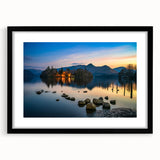 Abstract art print of a colorful, textured European scenery in Cumbria, framed in black, ideal for living room decor.