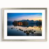 Extra large abstract art print of a Cumbria, England scenery in muted earth tones, framed in silver.