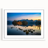 Textured abstract art print depicting a serene Cumbrian landscape in muted greens and blues, framed with a white mat.