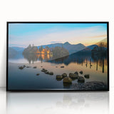 Large abstract wall art depicting a European landscape in muted earth tones, framed in black acrylic.