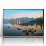 Large art print of Cumbria, England scenery in muted green and blue tones on a silver-framed acrylic.