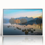 Mid-century modernist art depicting Europe's Cumbria landscape in muted earth tones on a framed acrylic.