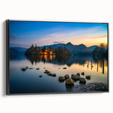 Black and white framed canvas of Cumbria landscape, vintage poster style, ideal for bedroom decor.