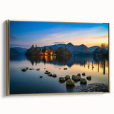 Framed canvas wall art depicting a vintage-style landscape of Cumbria, England, in muted gold and black tones.