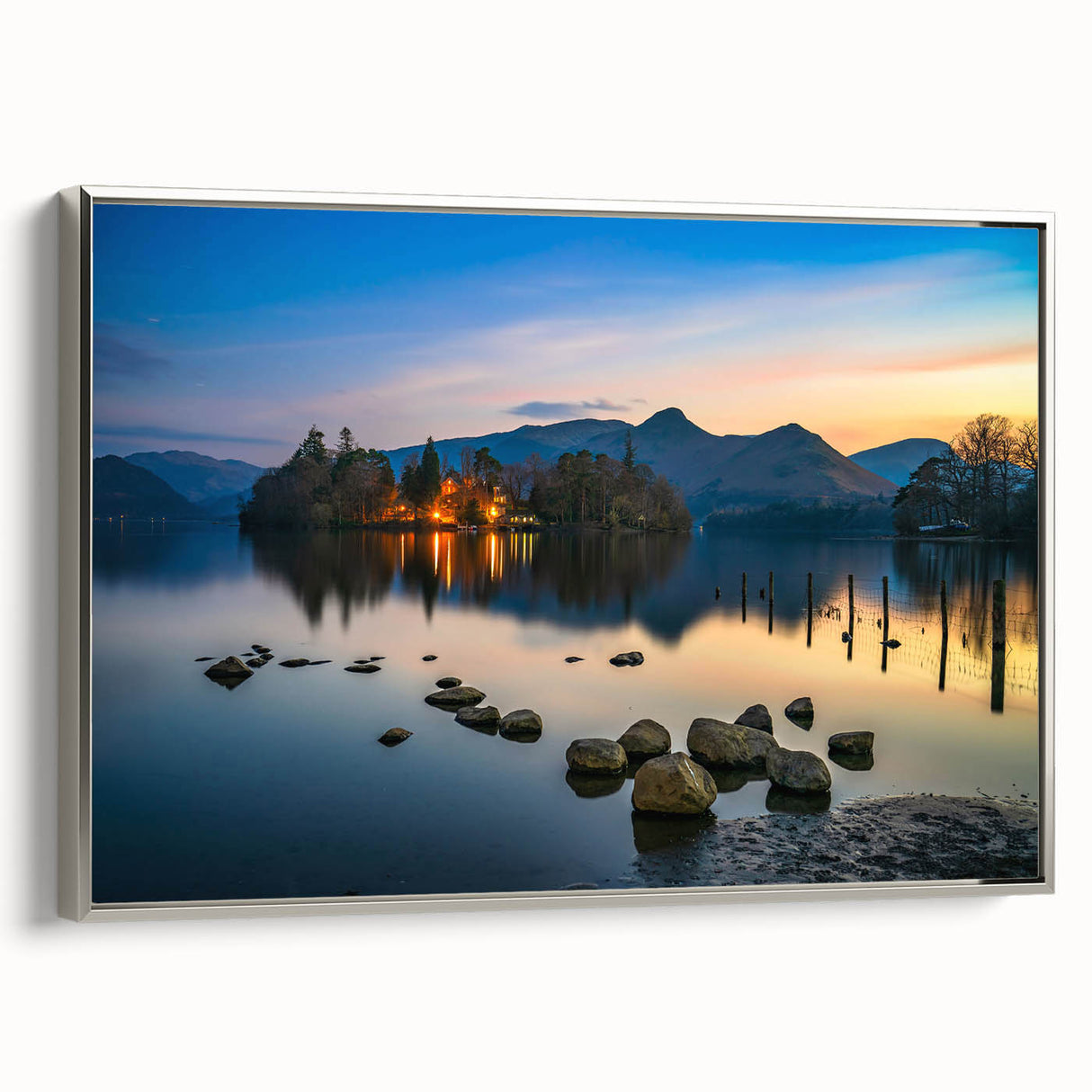 Framed canvas landscape art painting depicting Cumbria, England, with muted green and blue tones.
