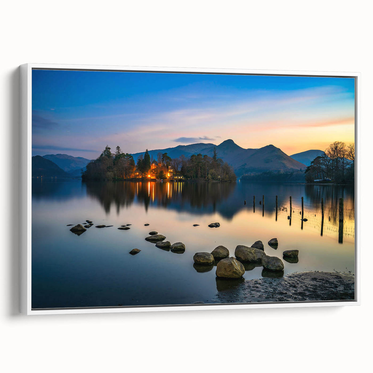 Vintage poster art of a scenic Cumbria landscape in vibrant colors on a framed canvas, ideal for living room decor.