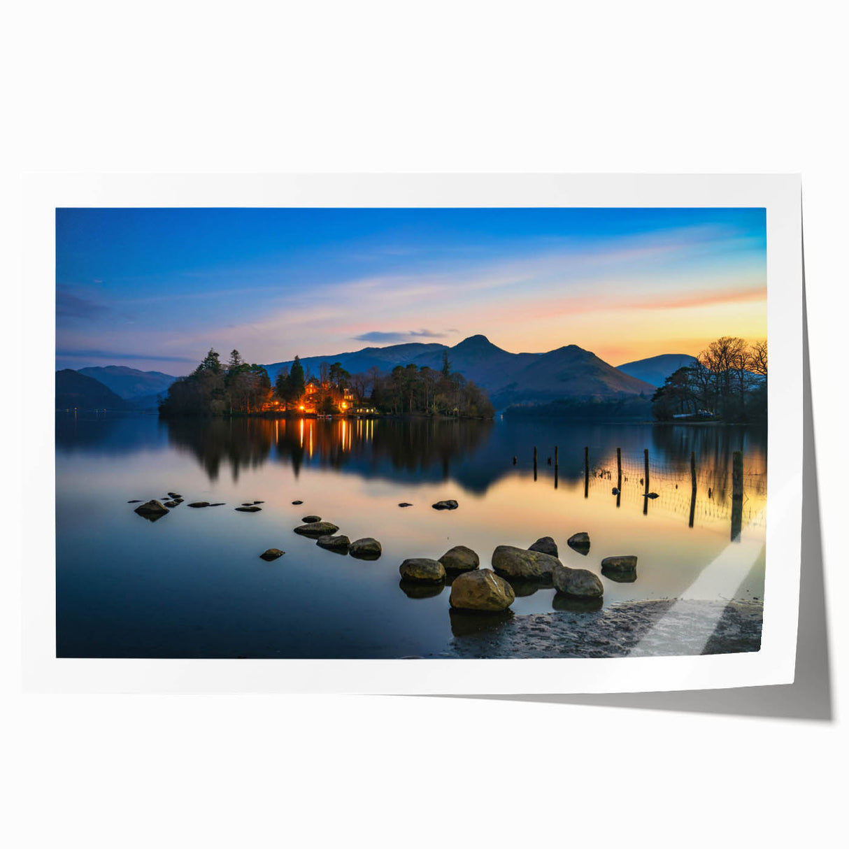 Extra large rolled print of Cumbria landscape with vibrant green meadows and blue skies, ideal for dining room wall art.