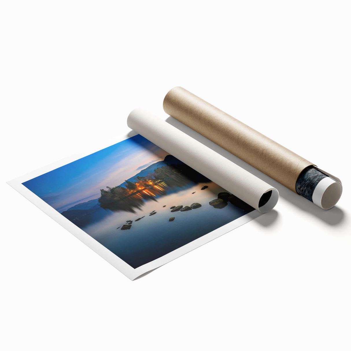 Extra large rolled print of a Cumbrian landscape with muted green and blue tones, suitable for classy bathroom wall art.