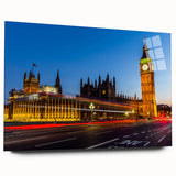 Acrylic print of a large abstract depiction of the London skyline in muted gray and blue tones.