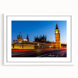 Textured art print of abstract London skyline in muted gray and blue tones, framed with a white mat, ideal for bedroom decor.
