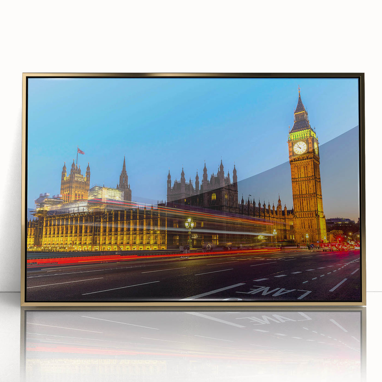 Art deco poster of London scenery in gold and black hues on acrylic, ideal for modern art wall decor.