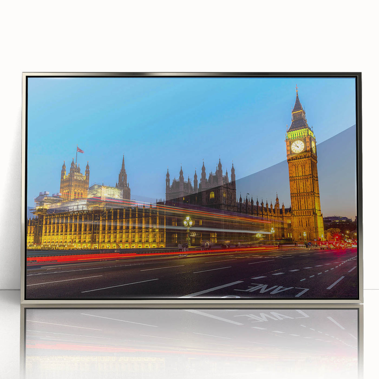 Large art print of London scenery on framed acrylic, featuring mid-century modernist style with neutral colors.