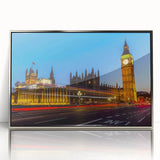 Large art print of London scenery on framed acrylic, featuring mid-century modernist style with neutral colors.