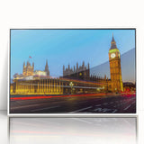 Mid-century modernist art of London skyline in muted gray and blue tones on framed acrylic.