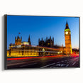 Black and white framed canvas of London scenery, featuring vintage poster art style, ideal for bedroom wall decor.