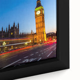 Extra large black wall art featuring a textured London cityscape with vibrant colors on a framed canvas.