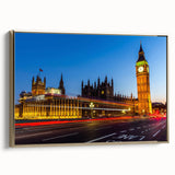 Framed canvas of a vintage-style London landscape in black and gold, ideal for bedroom wall art.