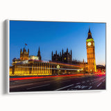 Vintage poster art of London scenery on a framed canvas, featuring colorful art with black accents.