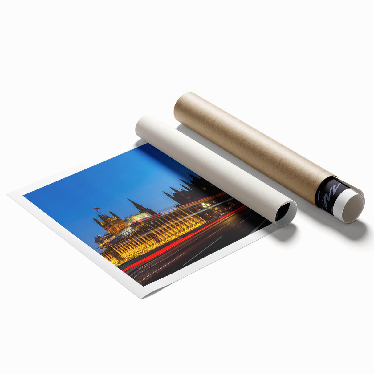 Extra large rolled print of London scenery with muted floral art, ideal for classy bathroom or large living room decor.