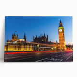 Large black and white stretched canvas of London scenery, ideal for kitchen wall art.