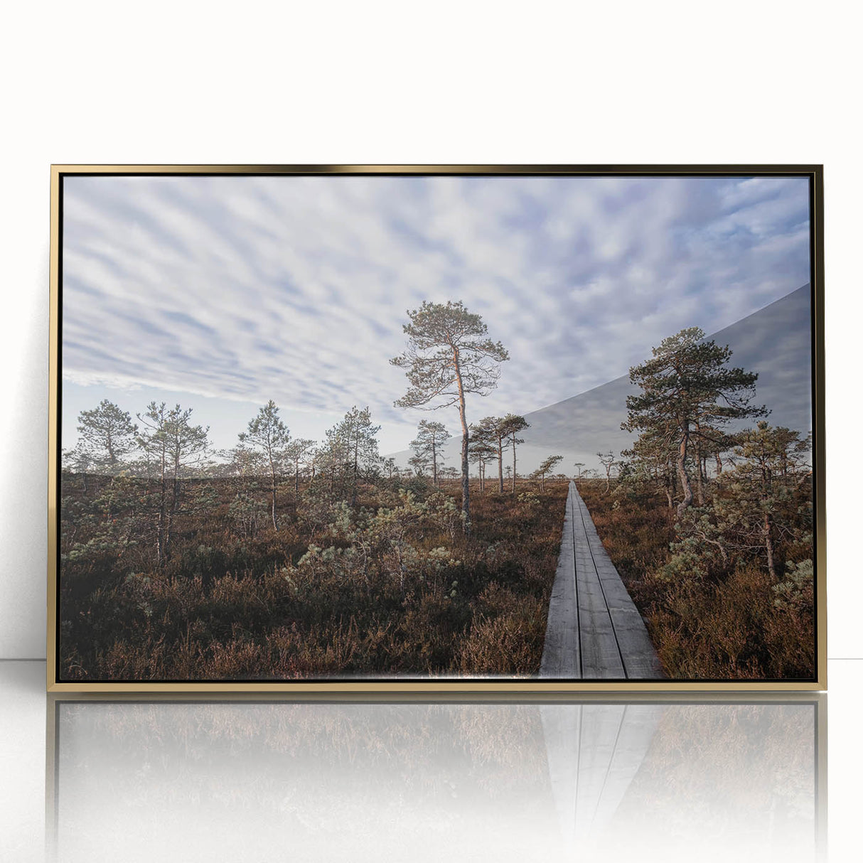Art Deco-style poster featuring a serene Estonian landscape, muted earth tones on acrylic, ideal for modern art wall decor.