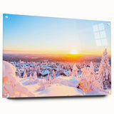 Large abstract wall art depicting a European Finnish landscape in muted blue tones, acrylic glass.