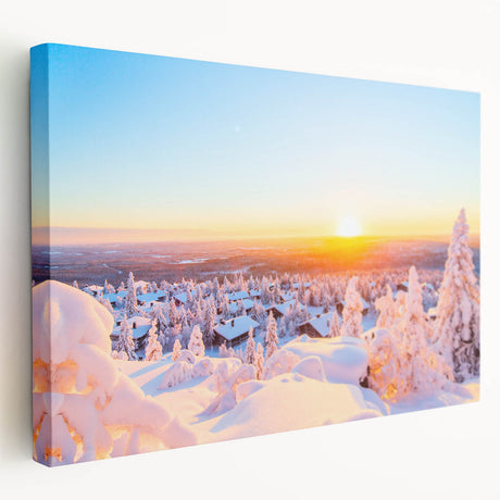 Side view of a large stretched canvas depicting a serene Finnish landscape in muted blues and greens.